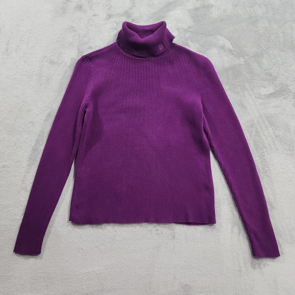 Lauren Ralph Lauren Sweater Womens‎ P/S PETITE Purple Ribbed Turtleneck Logo